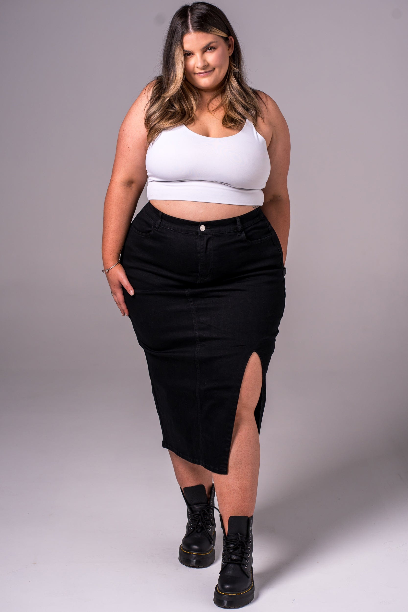 Plus size black denim midi skirt hotsell